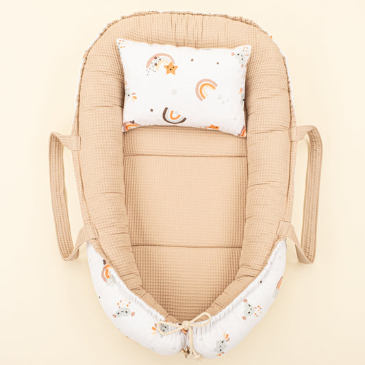 Babynest and Pillow - Çift Taraflı - Bej Petek - Turuncu Gökkuşağı