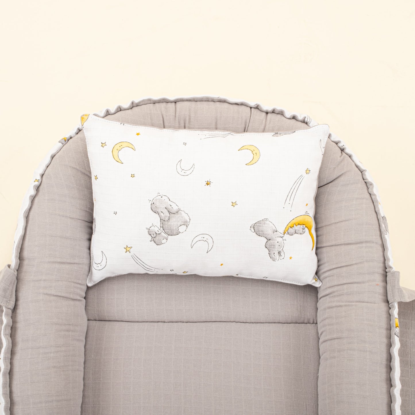 Babynest and Pillow - Çift Taraflı - Açık Gri Muslin - Gri Tavşan