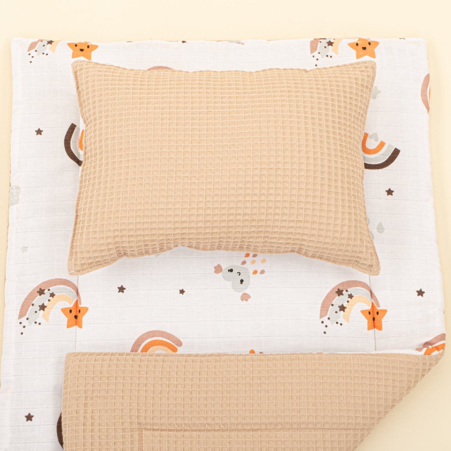 Double Sided Changing Pad and Pillow - Bej Petek - Turuncu Gökkuşağı