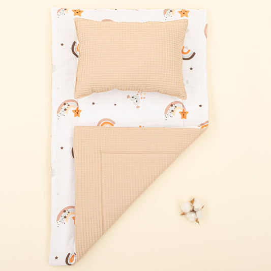 Double Sided Changing Pad and Pillow - Bej Petek - Turuncu Gökkuşağı