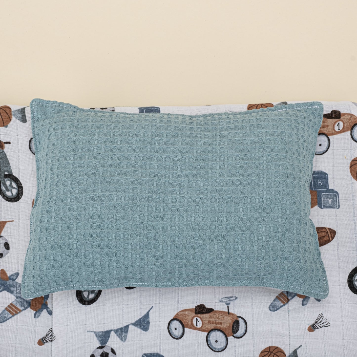 Double Sided Changing Pad and Pillow - Petrol Mavisi Petek - Araçlar