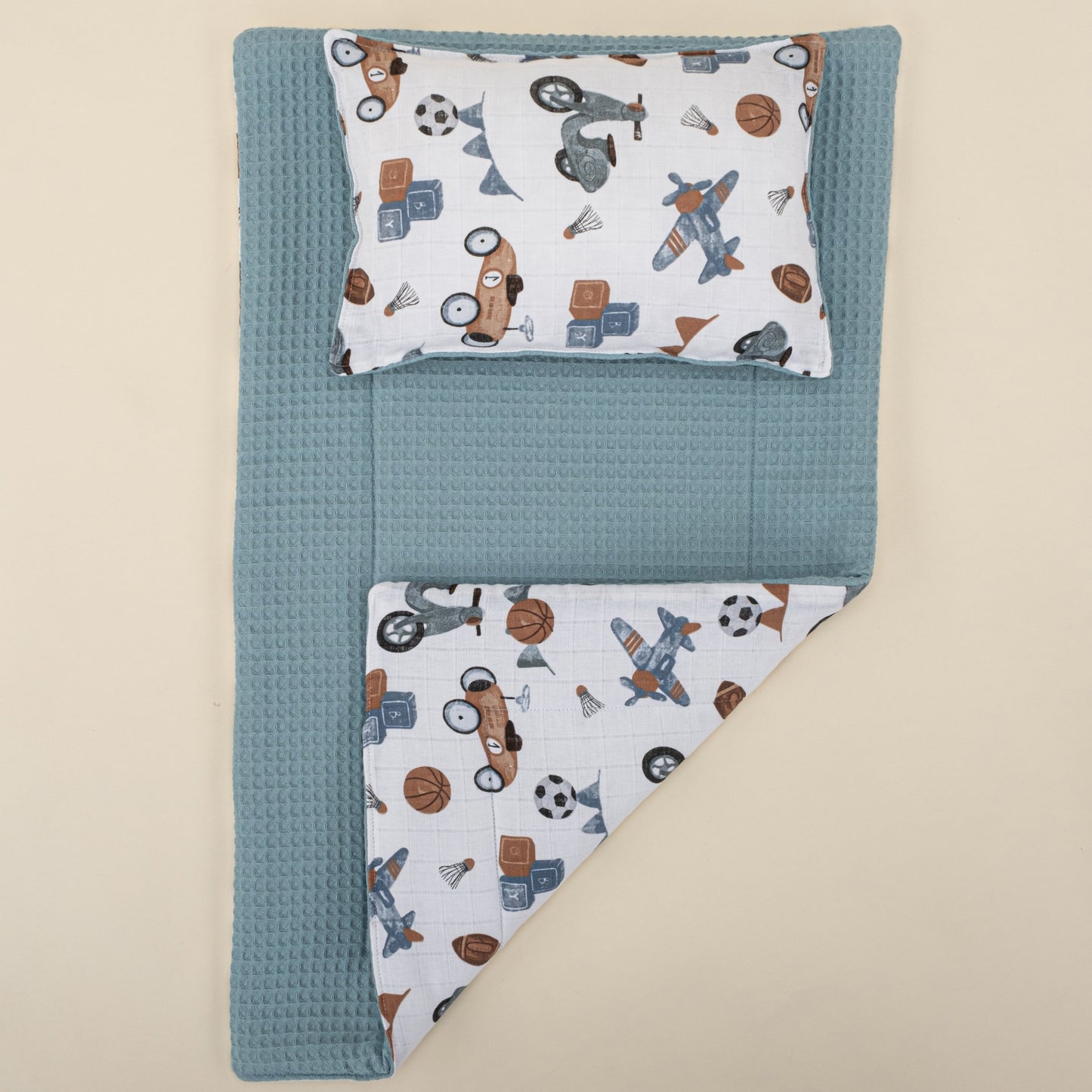 Double Sided Changing Pad and Pillow - Petrol Mavisi Petek - Araçlar