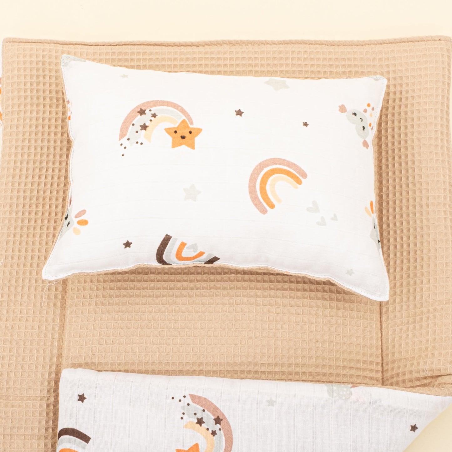 Double Sided Changing Pad and Pillow - Bej Petek - Turuncu Gökkuşağı