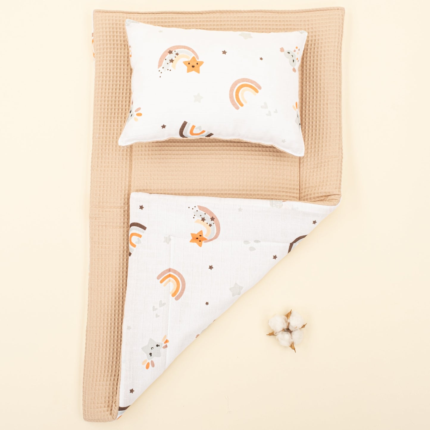 Double Sided Changing Pad and Pillow - Bej Petek - Turuncu Gökkuşağı