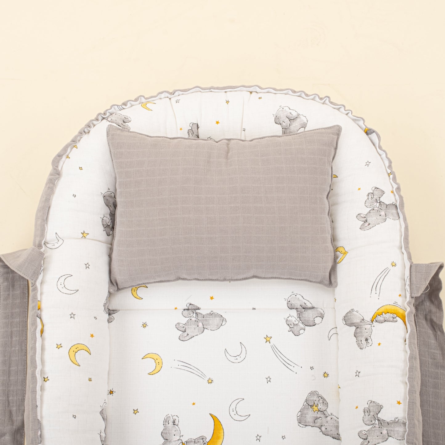 Babynest and Pillow - Çift Taraflı - Açık Gri Muslin - Gri Tavşan