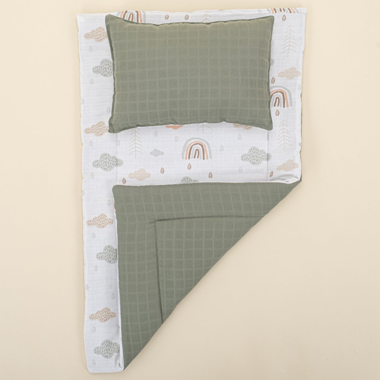 Double Sided Changing Pad and Pillow - Haki Muslin - Yeşil Gökkuşağı