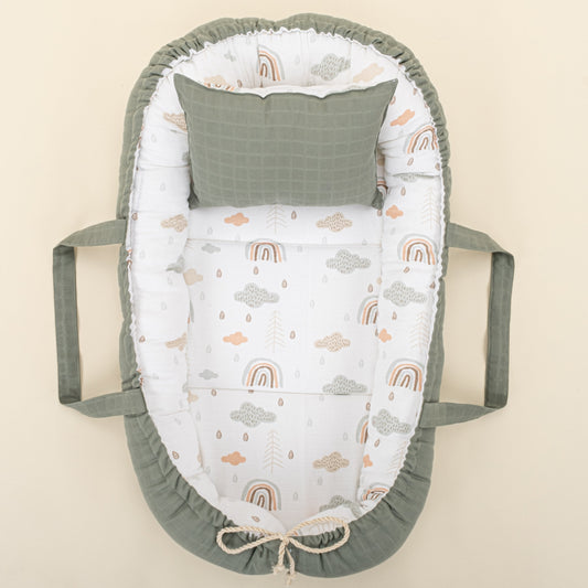 Babynest and Pillow - Çift Taraflı - Haki Muslin - Yeşil Gökkuşağı