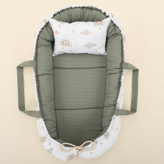 Babynest and Pillow - Çift Taraflı - Haki Muslin - Yeşil Gökkuşağı