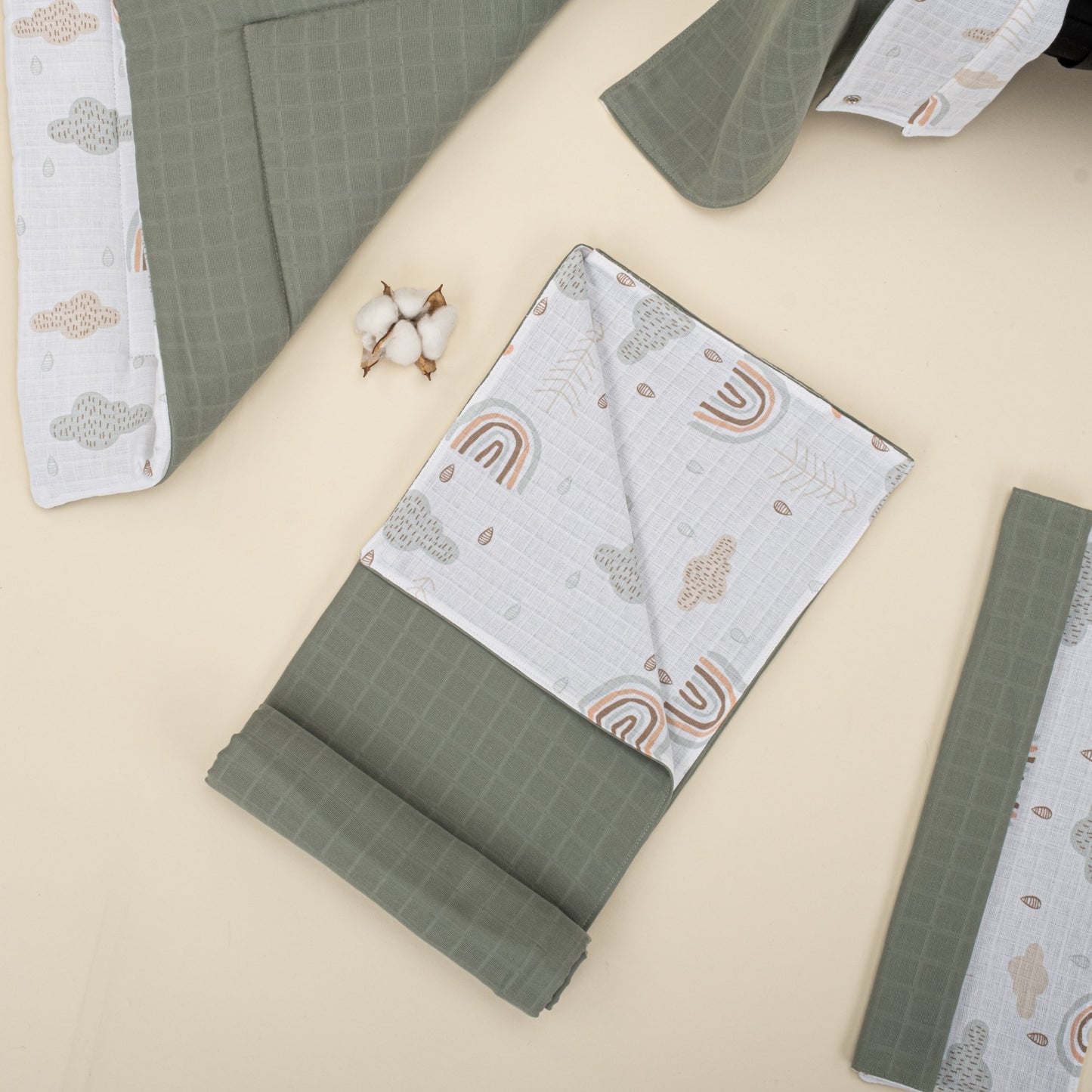 11 Piece - Newborn Sets - Double Sided - Seasonal - Haki Muslin - Yeşil Gökkuşağı