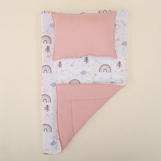 Double Sided Changing Pad and Pillow - Pudra Muslin - Pastel Gökkuşağı