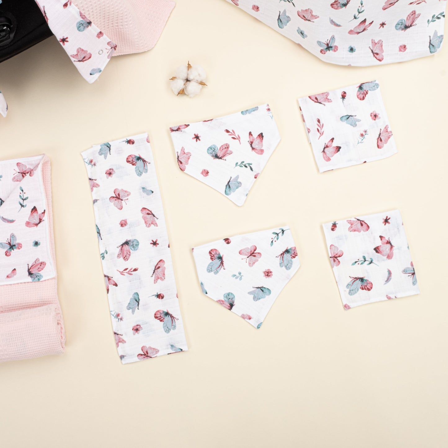 9 Piece - Newborn Sets - Double Sided - Winter - Pembe Waffle - Kelebekler