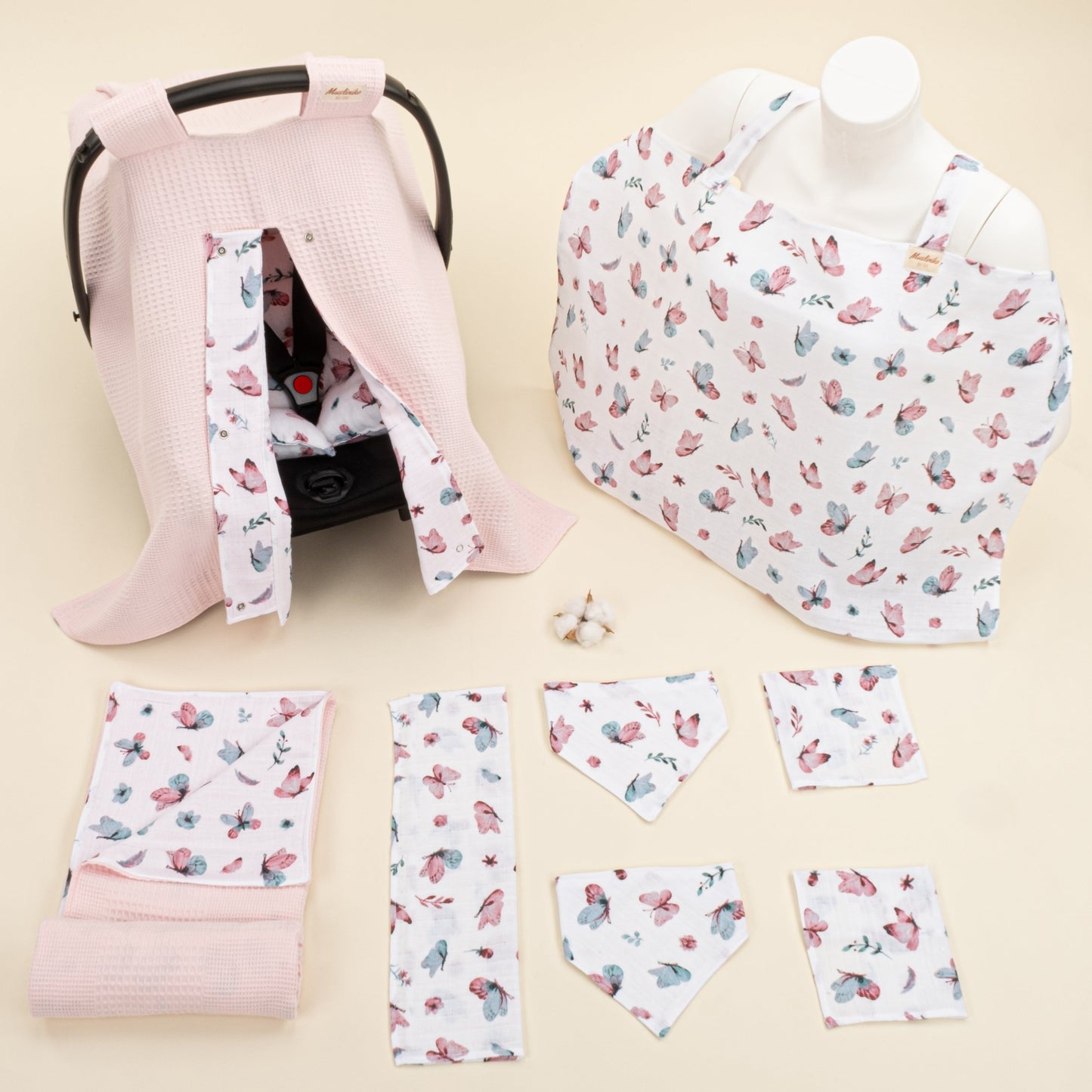 9 Piece - Newborn Sets - Double Sided - Winter - Pembe Waffle - Kelebekler