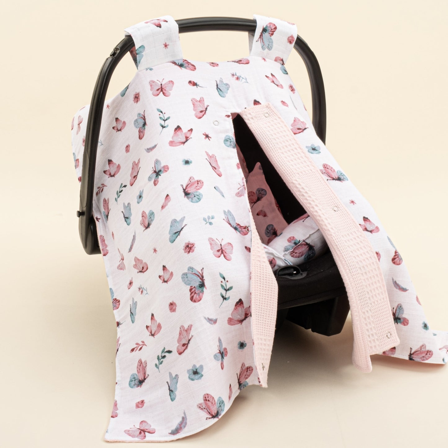 Stroller Cover Set - Double Side - Pembe Waffle - Kelebekler