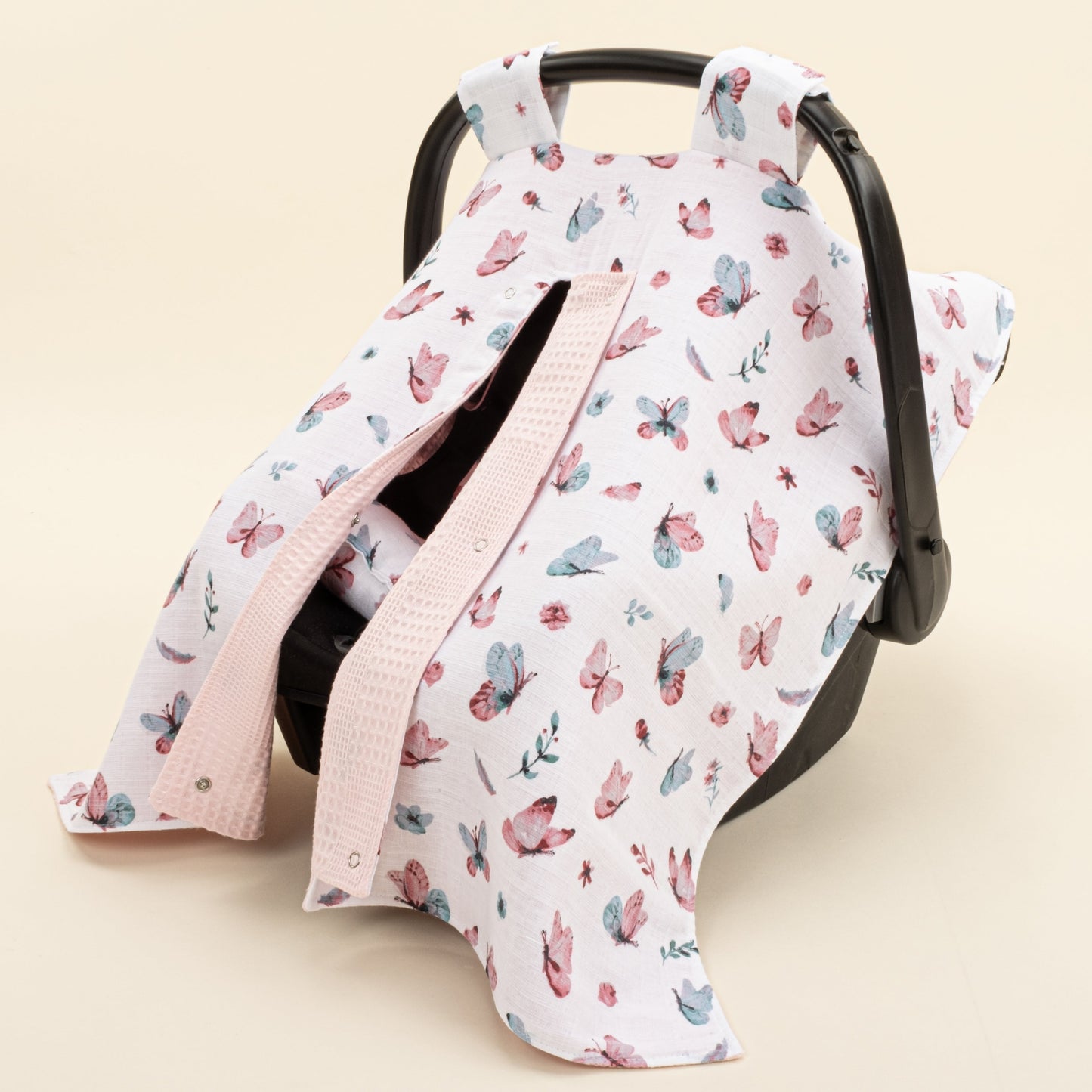 Stroller Cover Set - Double Side - Pembe Waffle - Kelebekler