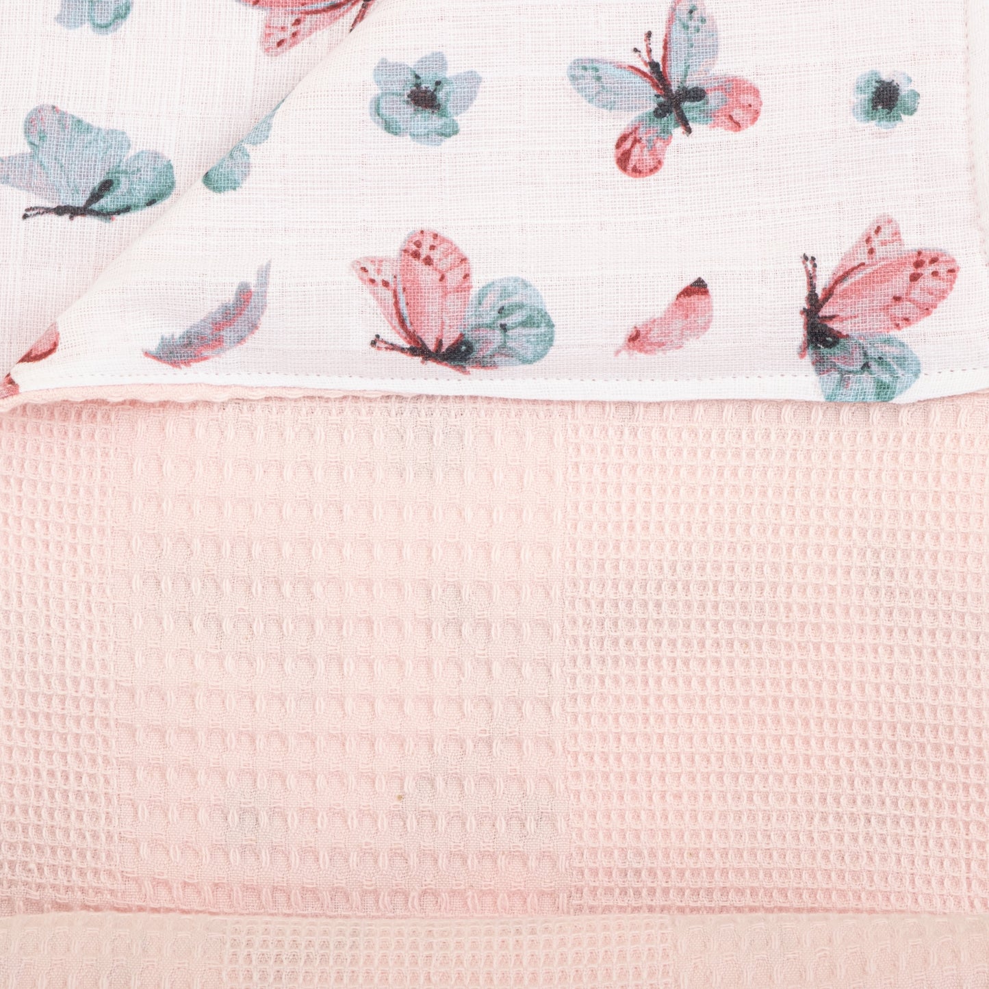 Double Sided Pique Blanket - Pembe Waffle - Kelebekler