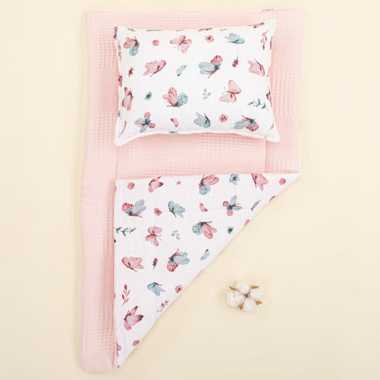 Double Sided Changing Pad and Pillow - Pembe Waffle - Kelebekler