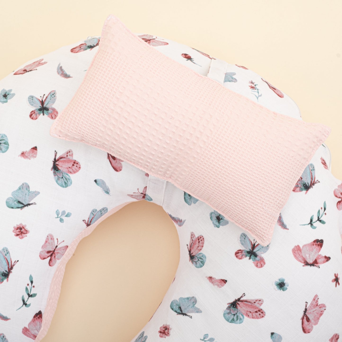 Double Sided Breastfeeding Pillow - Pembe Waffle - Kelebekler