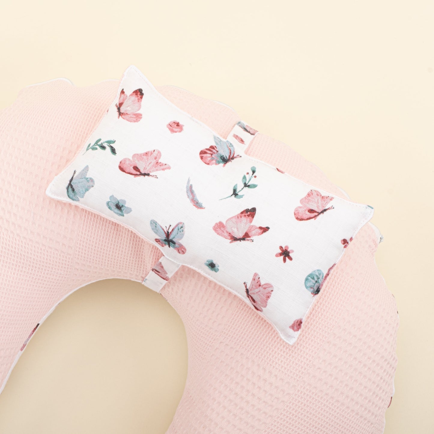 Double Sided Breastfeeding Pillow - Pembe Waffle - Kelebekler