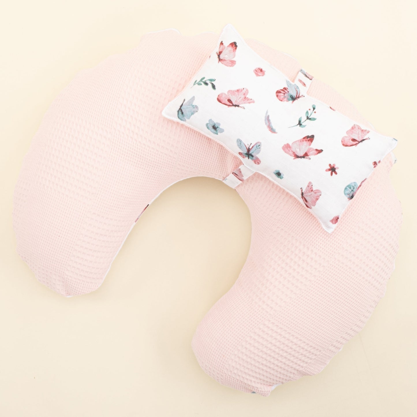 Double Sided Breastfeeding Pillow - Pembe Waffle - Kelebekler