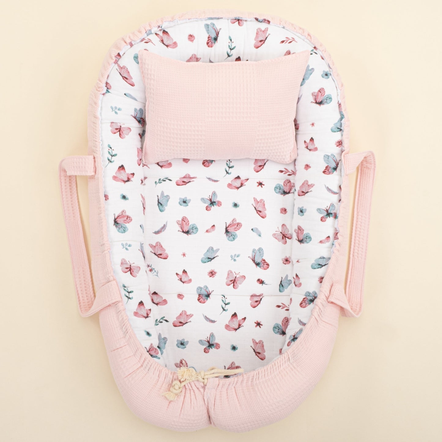 Babynest and Pillow - Çift Taraflı - Pembe Waffle - Kelebekler