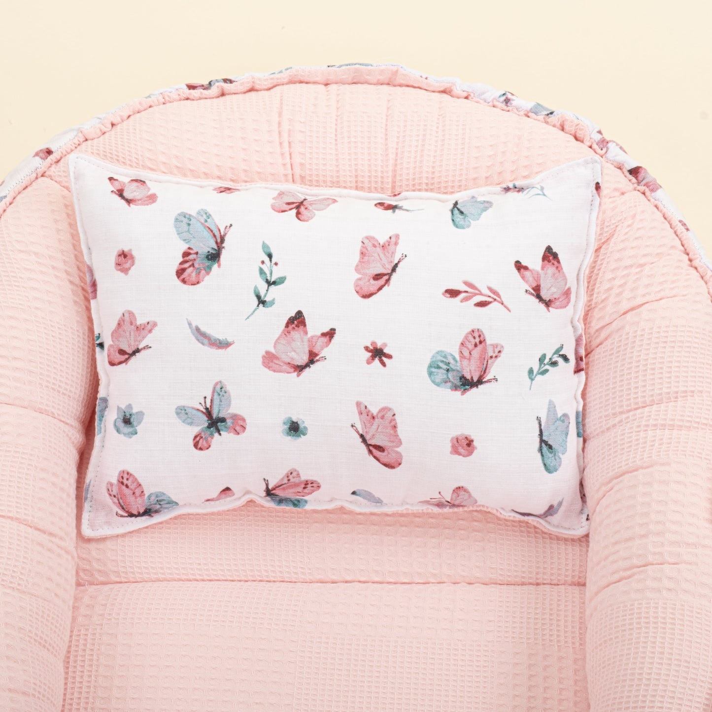 Babynest and Pillow - Çift Taraflı - Pembe Waffle - Kelebekler