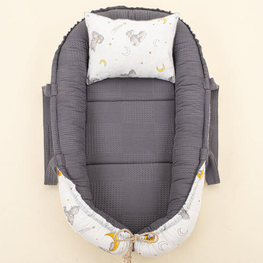 Babynest and Pillow - Çift Taraflı - Antrasit Waffle - Gri Tavşan