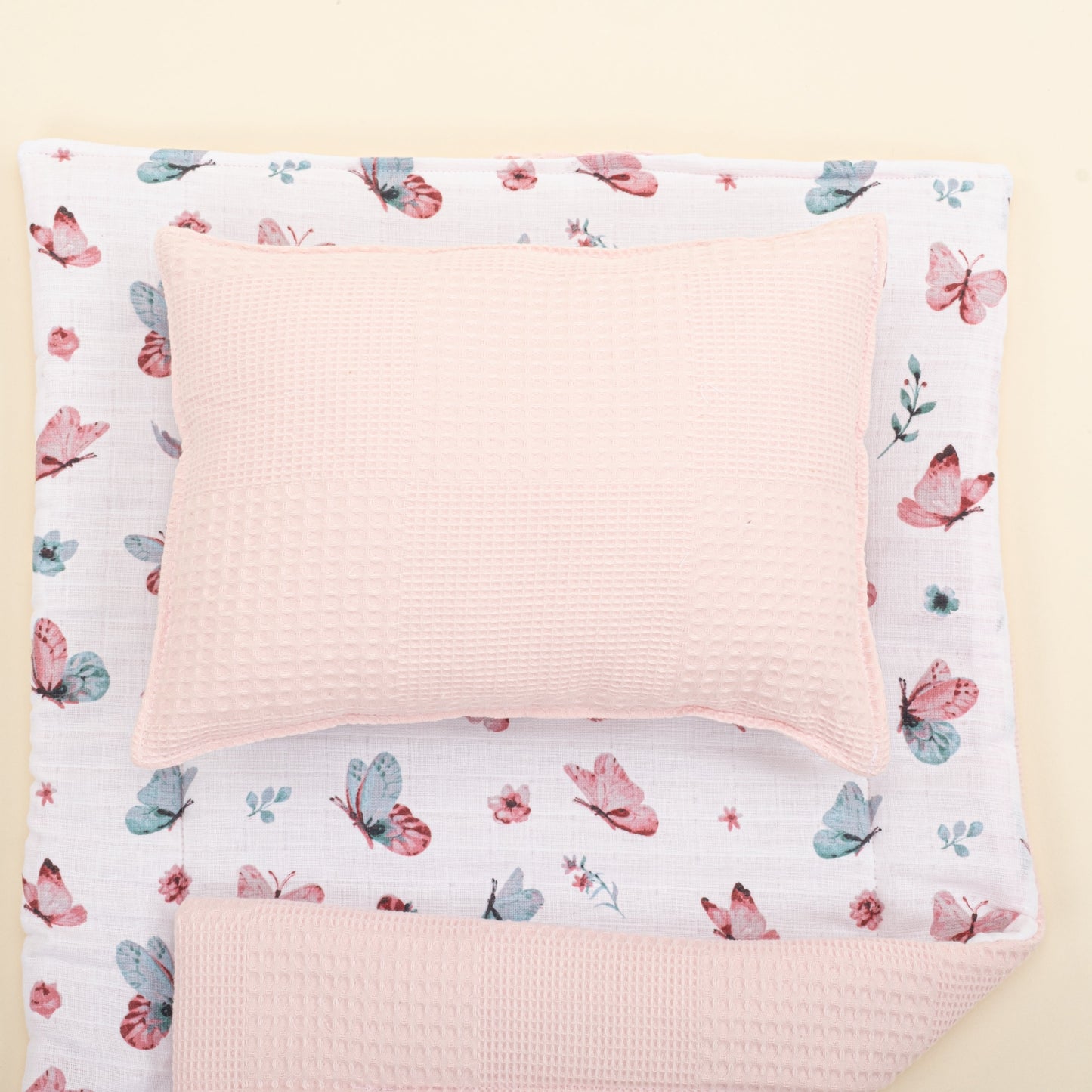 Double Sided Changing Pad and Pillow - Pembe Waffle - Kelebekler