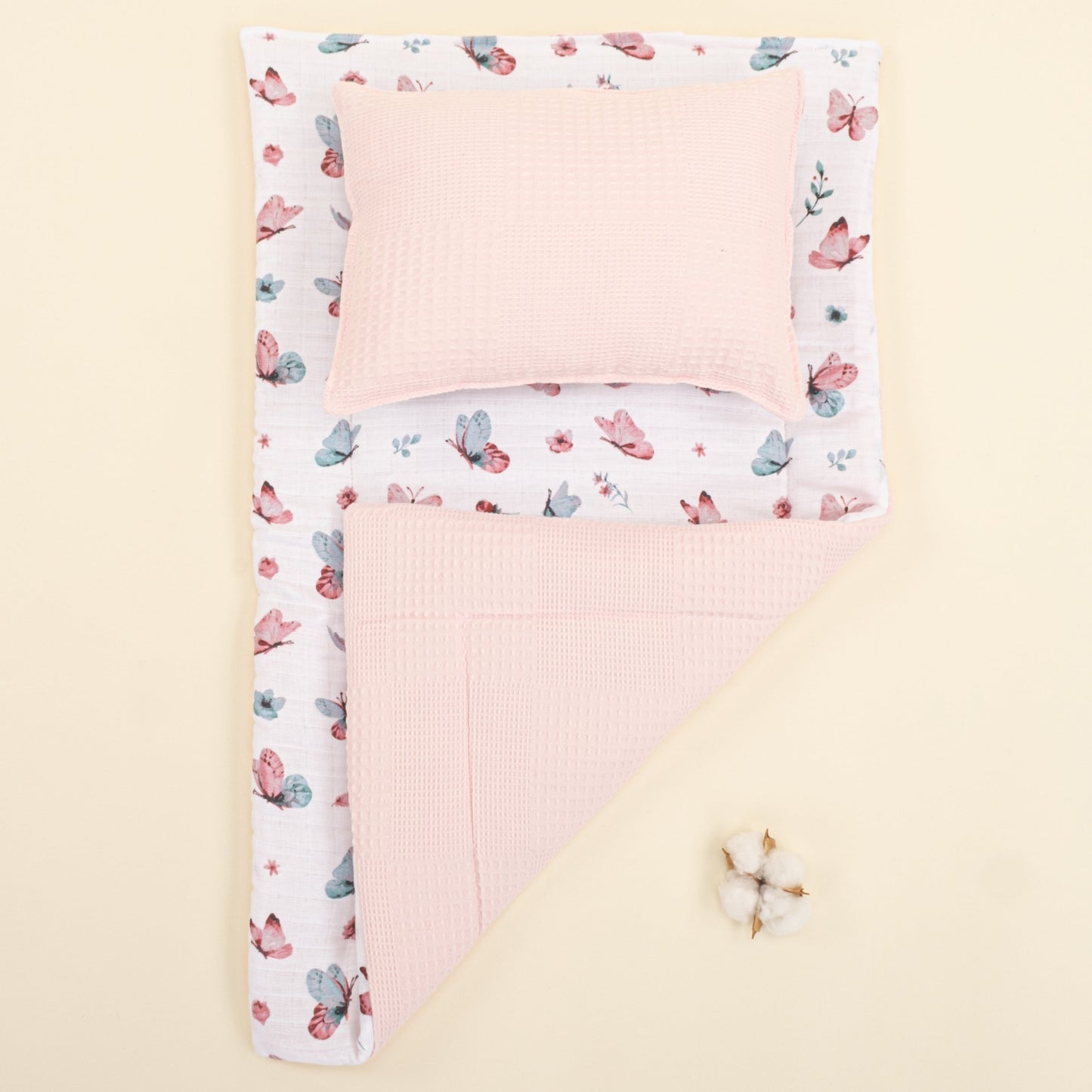 Double Sided Changing Pad and Pillow - Pembe Waffle - Kelebekler