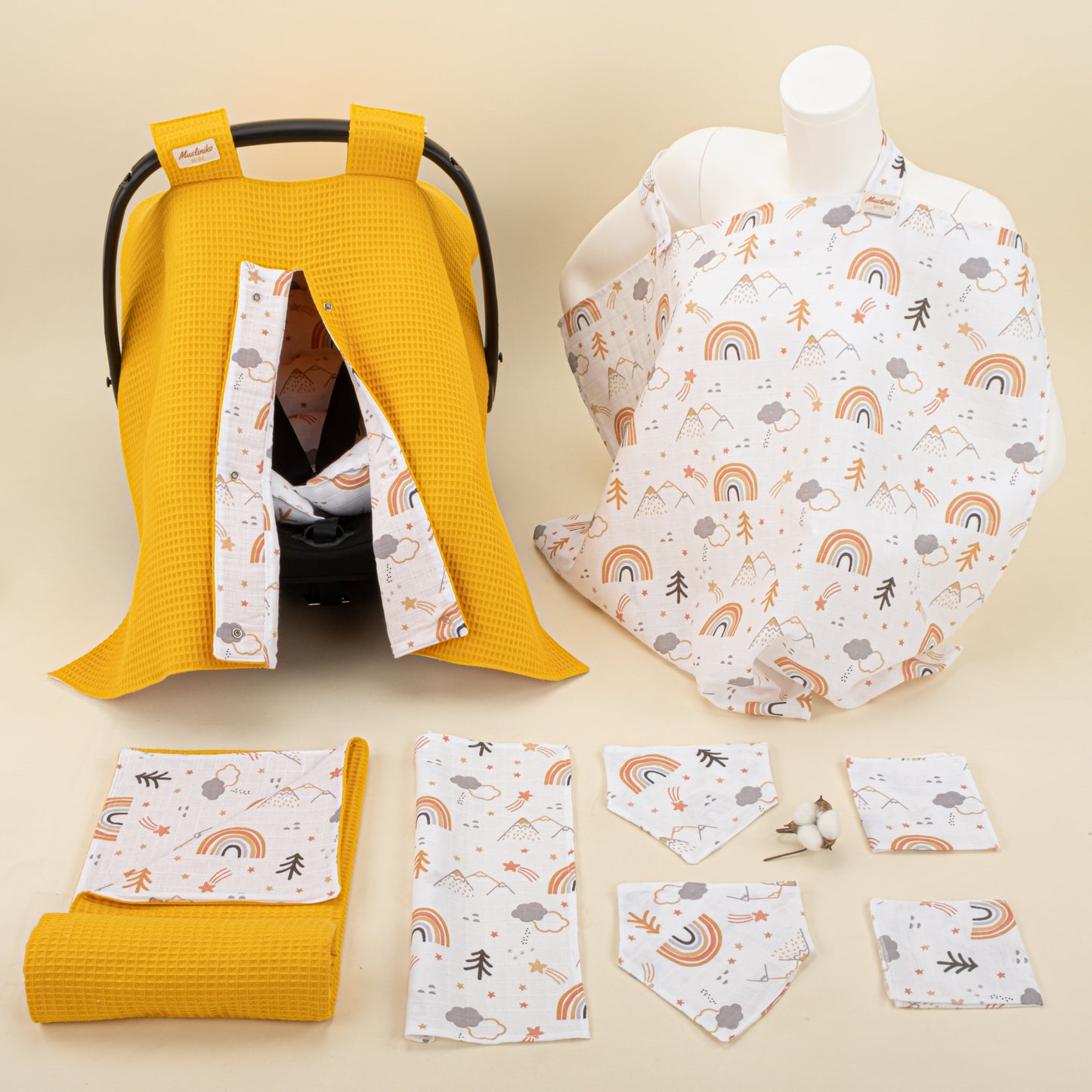 9 Piece - Newborn Sets - Double Sided - Winter - Hardal Petek - Turuncu Kuyruklu Yıldız