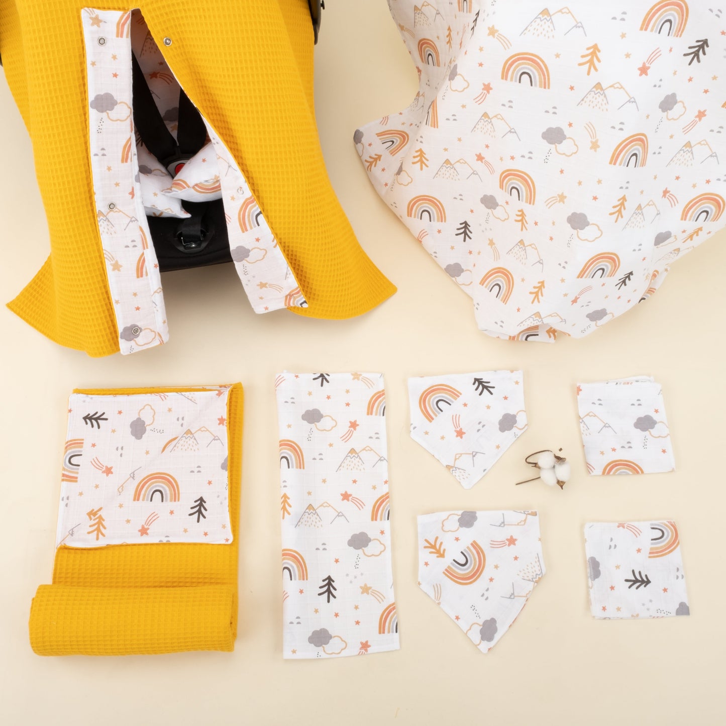 9 Piece - Newborn Sets - Double Sided - Winter - Hardal Petek - Turuncu Kuyruklu Yıldız