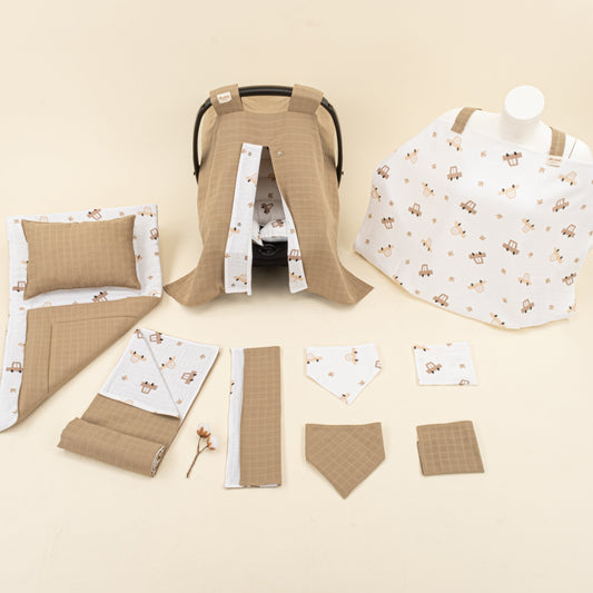 11 Piece - Newborn Sets - Double Sided - Seasonal - Toprak Muslin - Kahverengi Arabalar