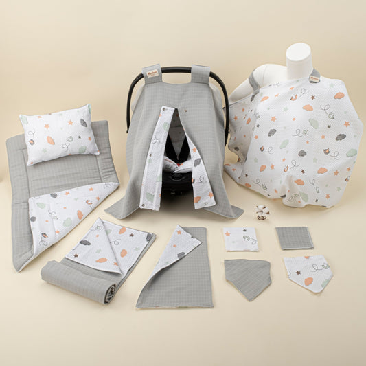 11 Piece - Newborn Sets - Double Sided - Seasonal - Açık Gri Muslin - Kuş