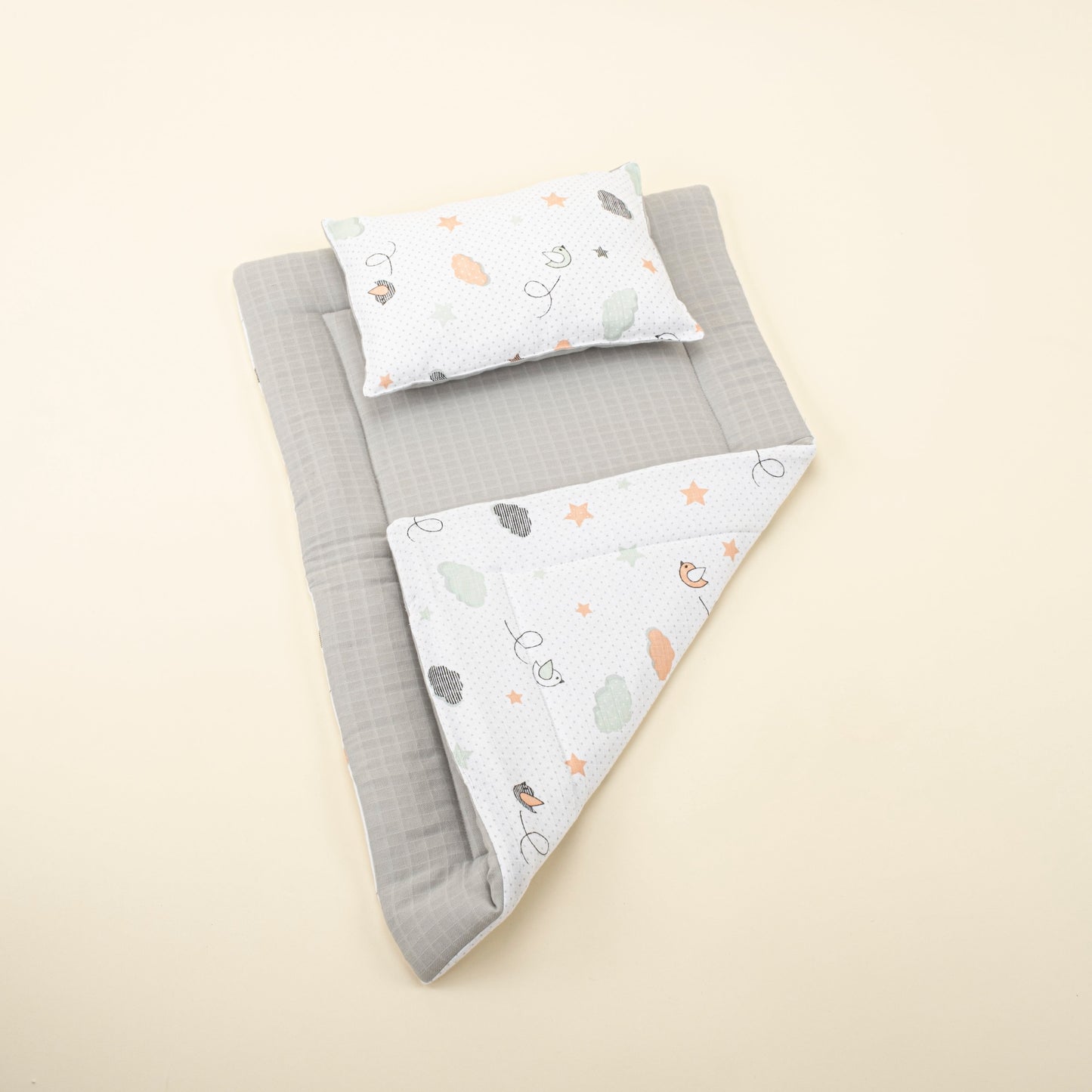 Double Sided Changing Pad and Pillow - Açık Gri Muslin - Kuş