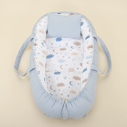 Babynest and Pillow - Çift Taraflı - Bebe Mavi Petek - Mavi Bulut