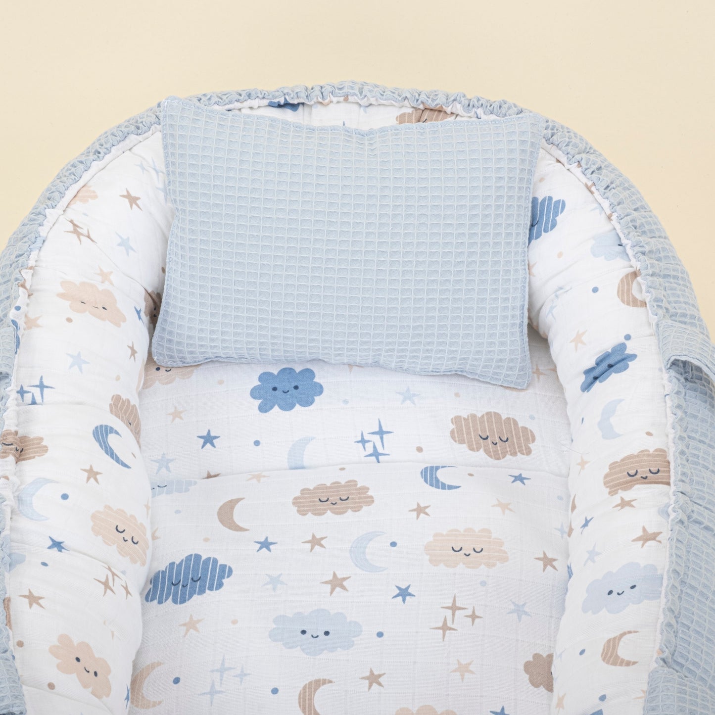 Babynest and Pillow - Çift Taraflı - Bebe Mavi Petek - Mavi Bulut