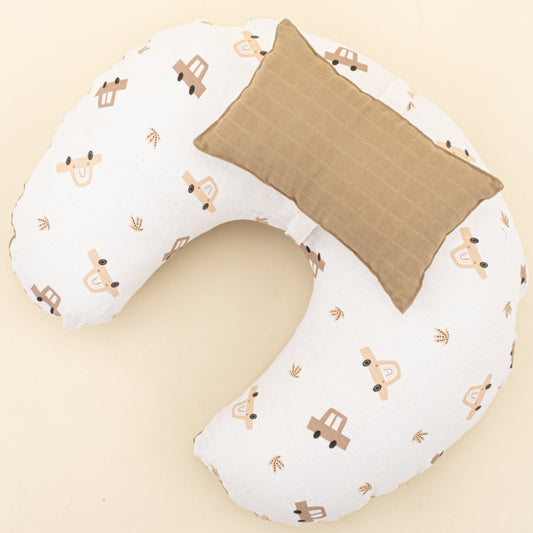 Double Sided Breastfeeding Pillow - Toprak Muslin - Kahverengi Arabalar