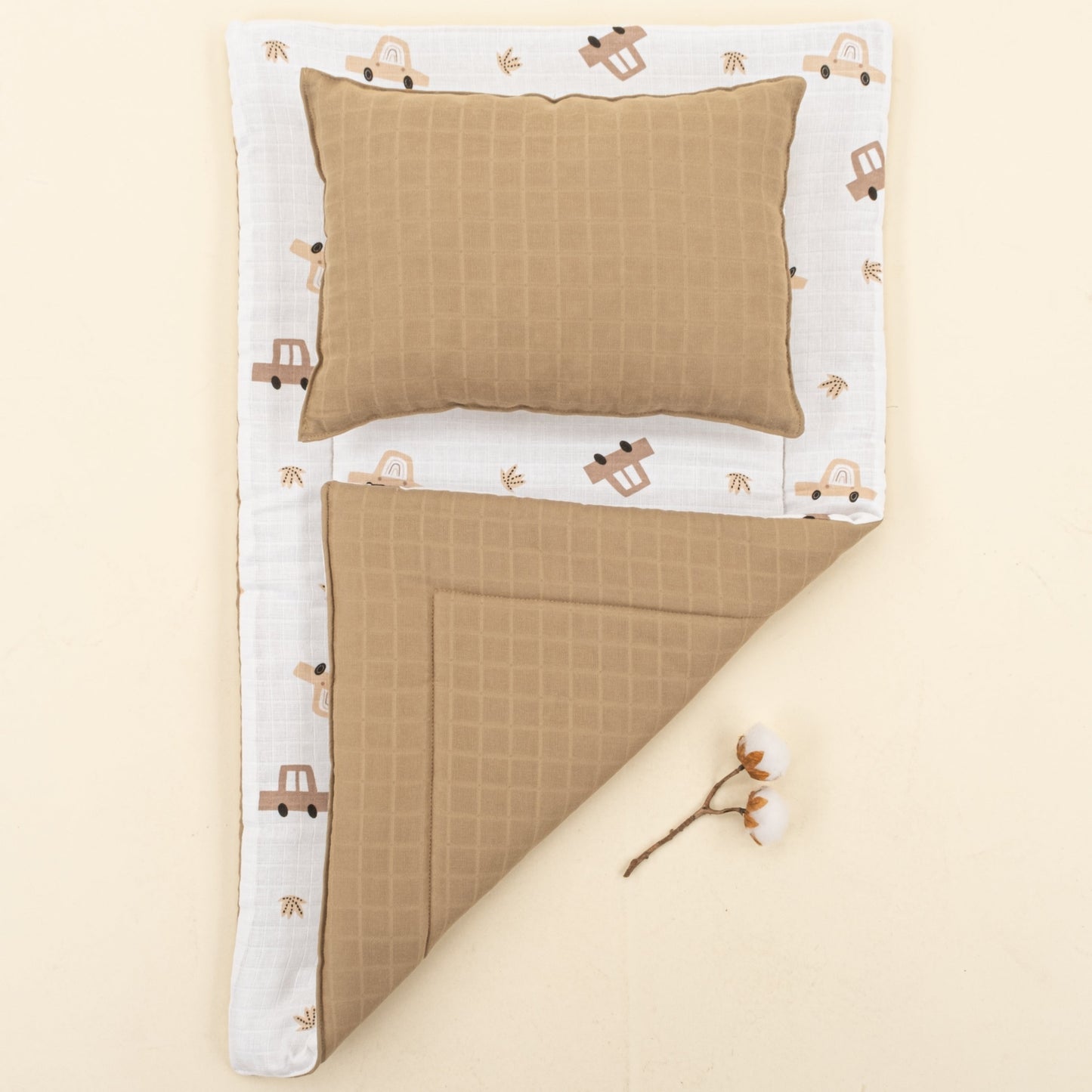 Double Sided Changing Pad and Pillow - Toprak Muslin - Kahverengi Arabalar