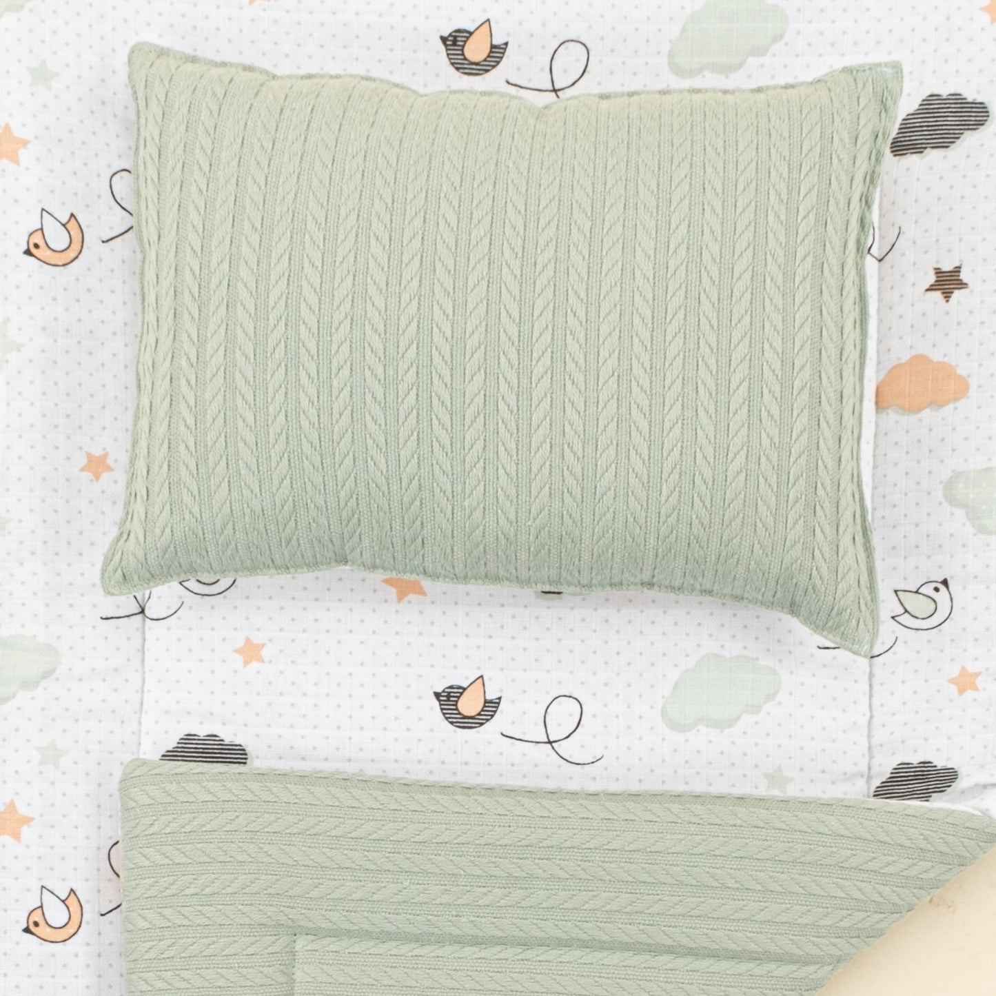 Double Sided Changing Pad and Pillow - Mint Örgü - Kuş