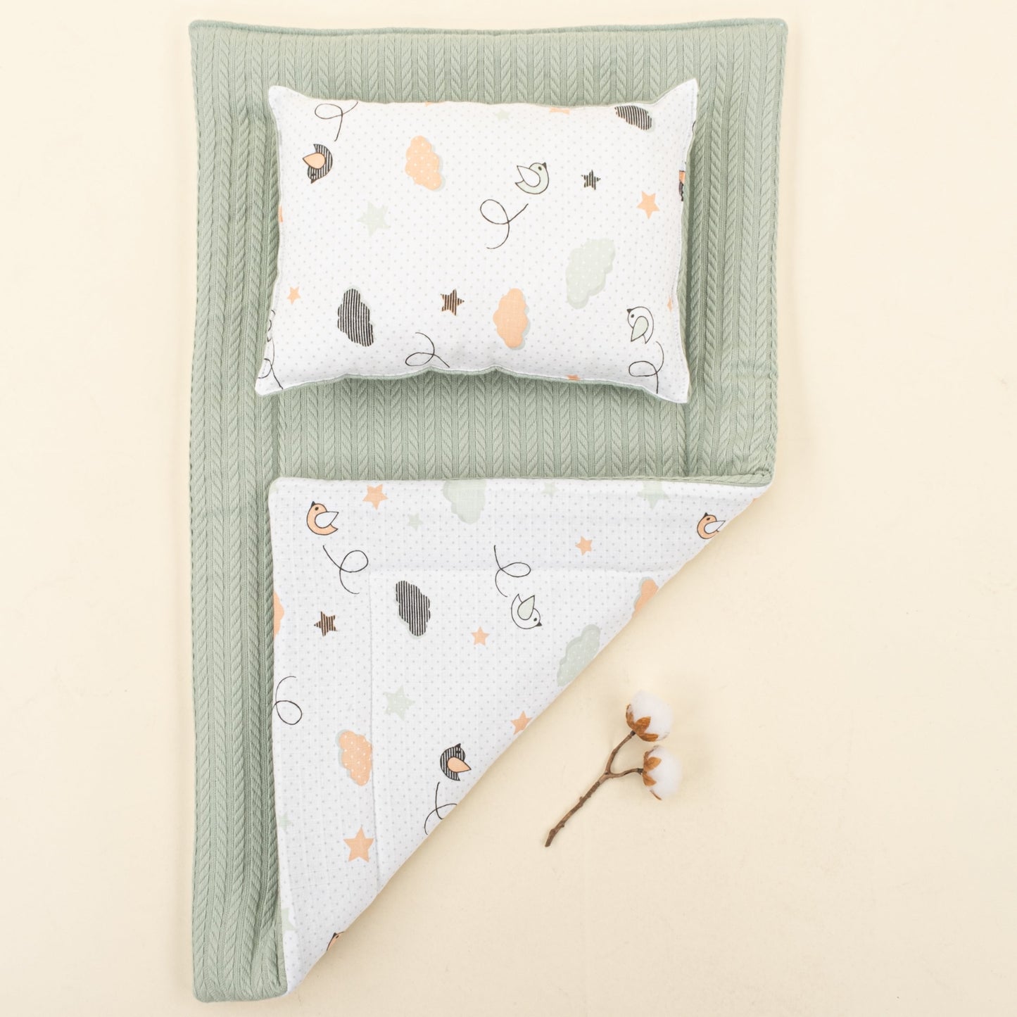 Double Sided Changing Pad and Pillow - Mint Örgü - Kuş