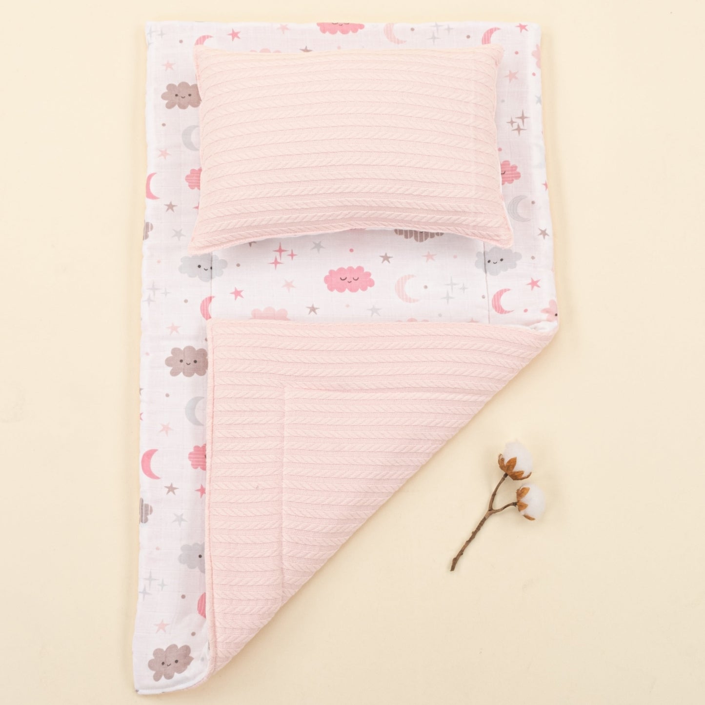 Double Sided Changing Pad and Pillow - Şeker Pembe Örgü - Pembe Bulut