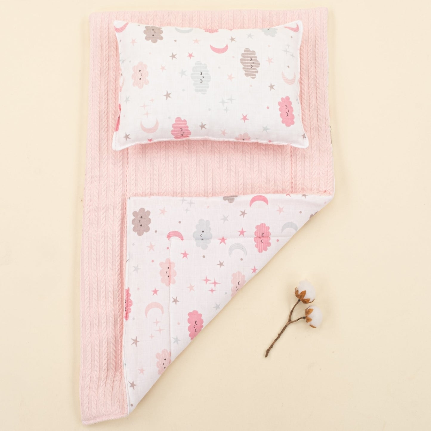 Double Sided Changing Pad and Pillow - Şeker Pembe Örgü - Pembe Bulut