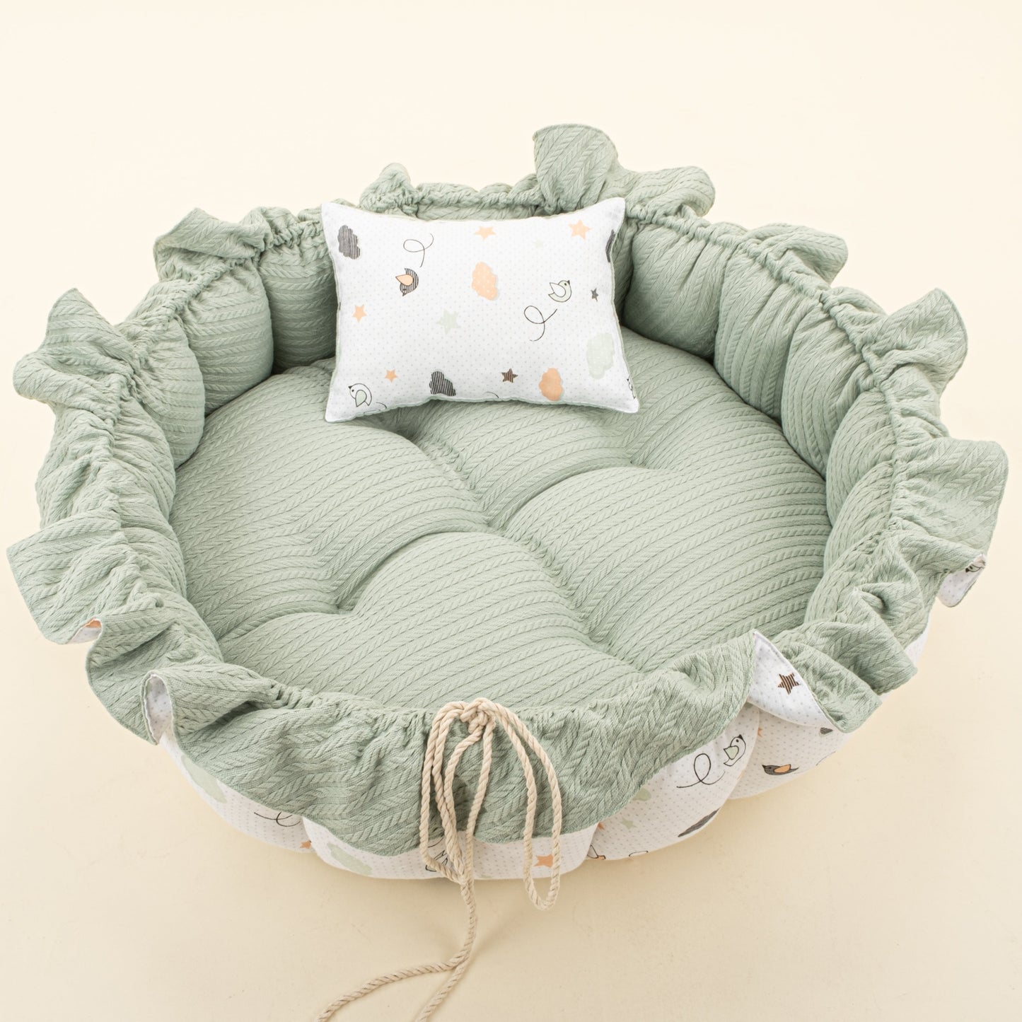 Round Babynest and Pillow - Çift Taraflı - Mint Örgü - Kuş