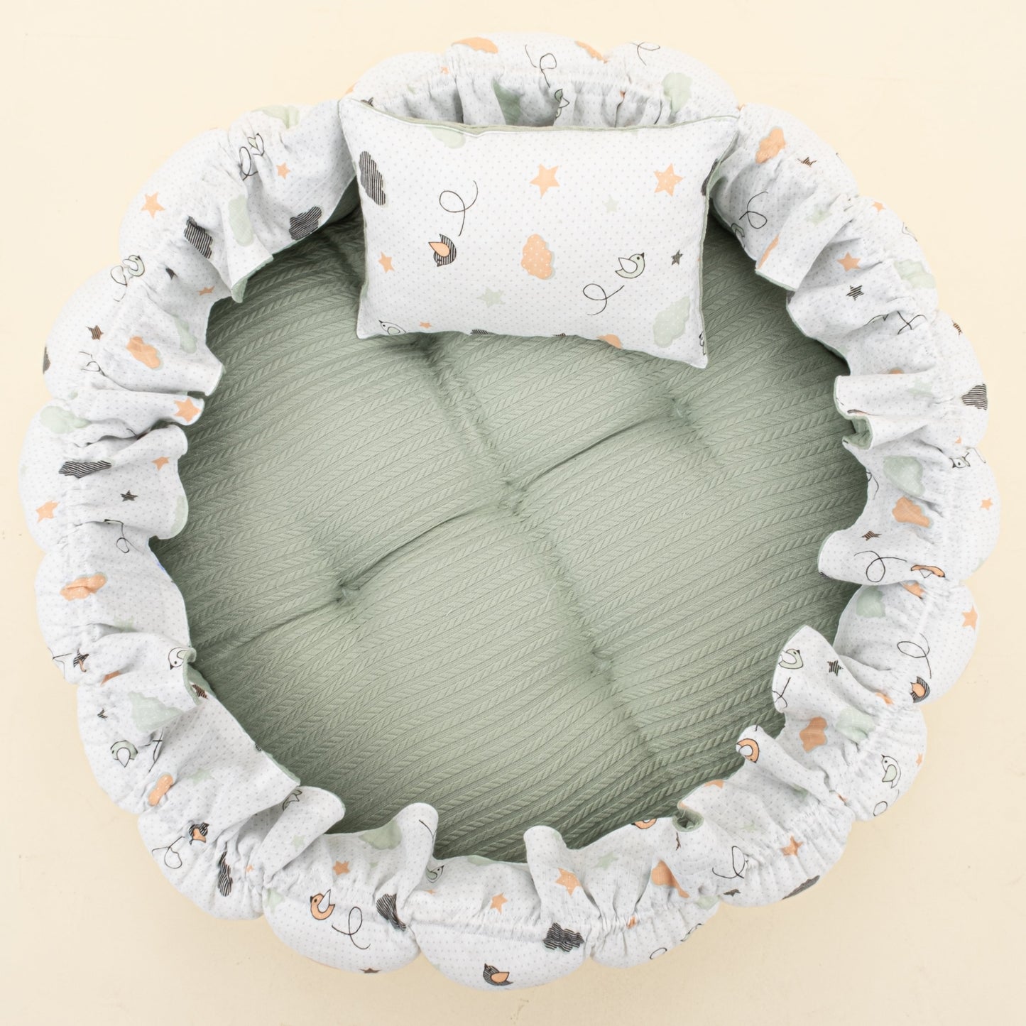 Round Babynest and Pillow - Çift Taraflı - Mint Örgü - Kuş