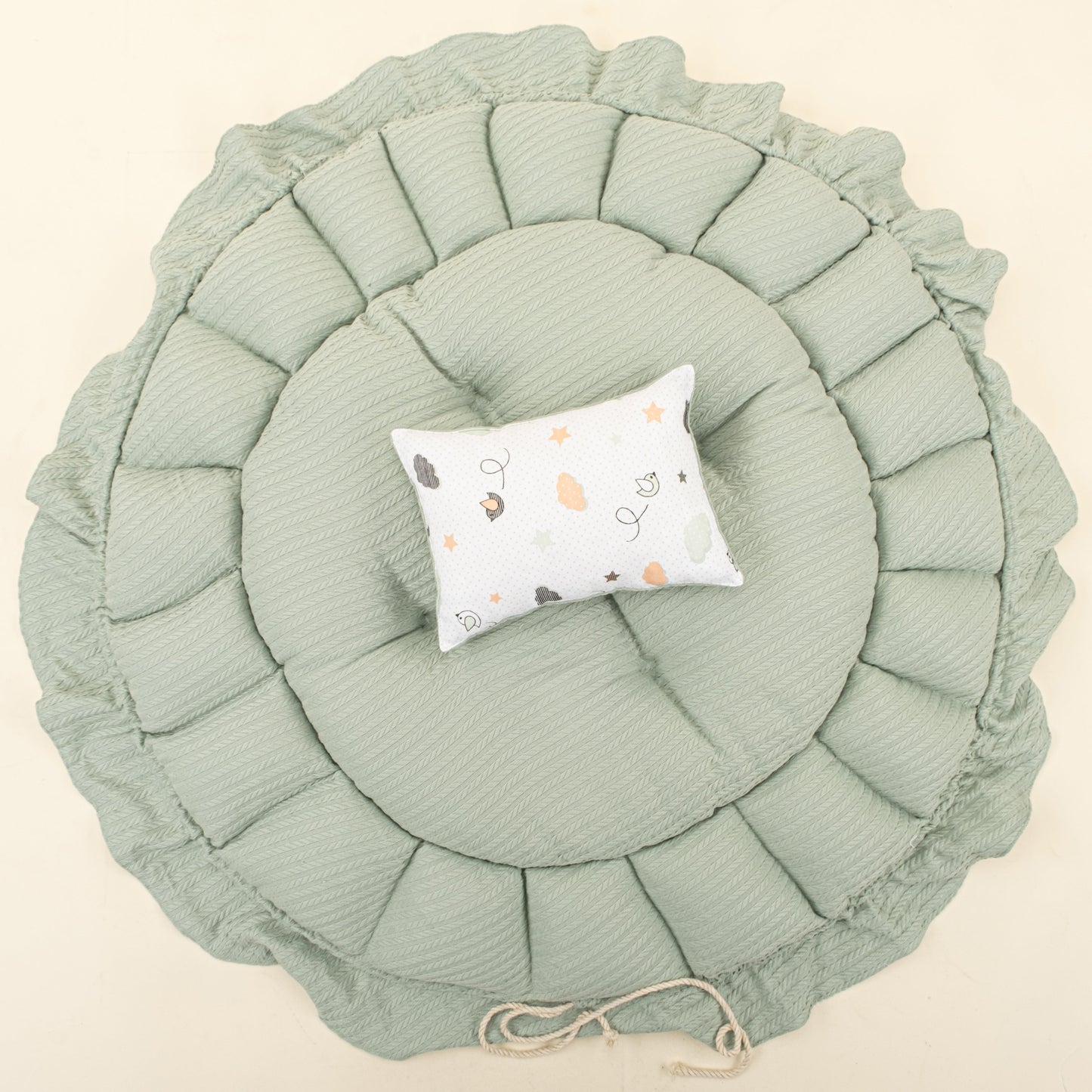 Round Babynest and Pillow - Çift Taraflı - Mint Örgü - Kuş