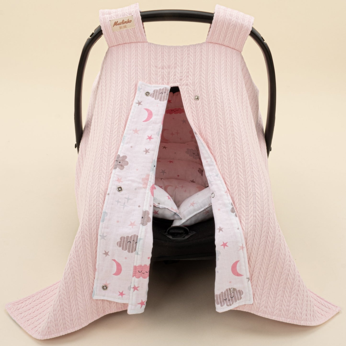 Stroller Cover Set - Double Side - Şeker Pembe Örgü - Pembe Bulut