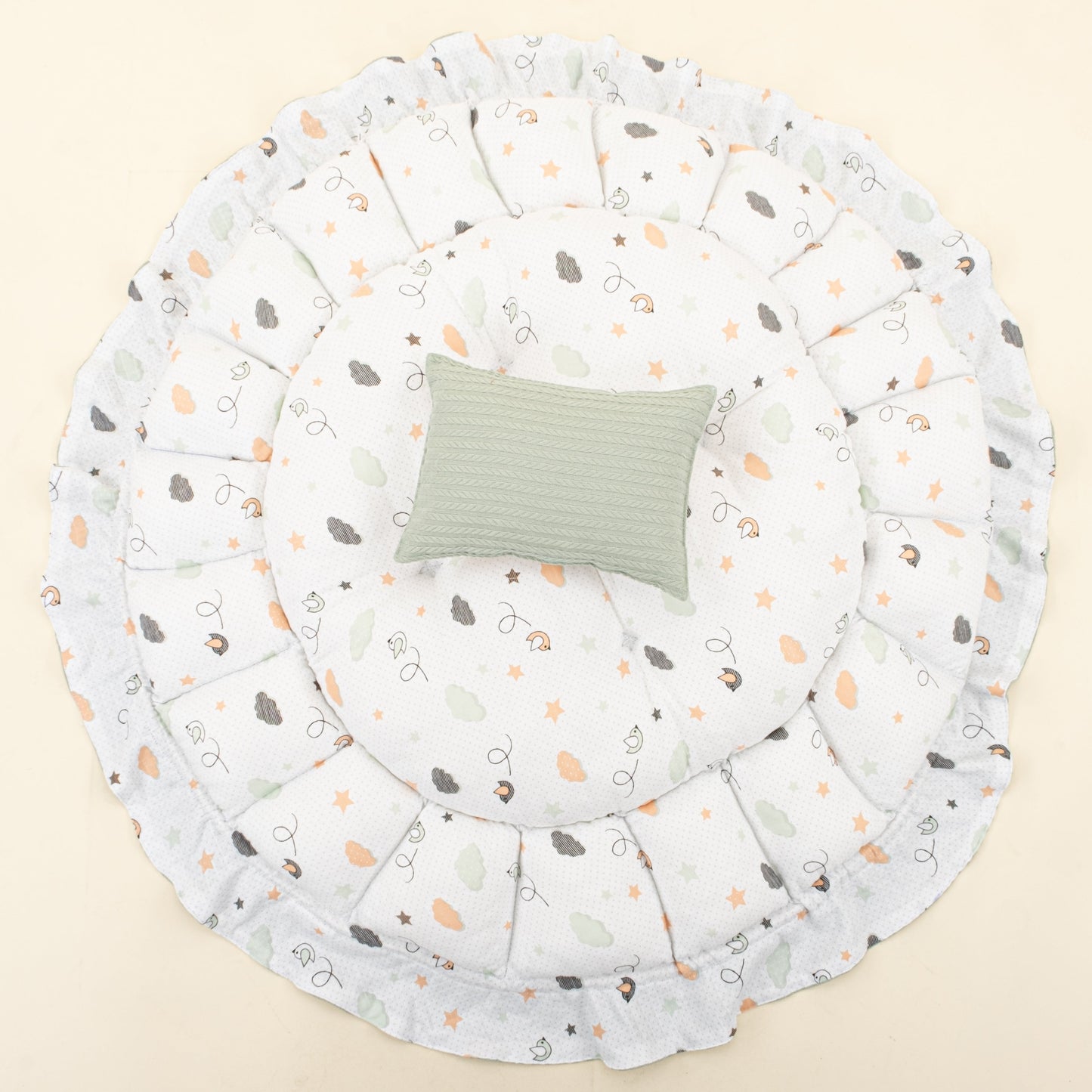 Round Babynest and Pillow - Çift Taraflı - Mint Örgü - Kuş