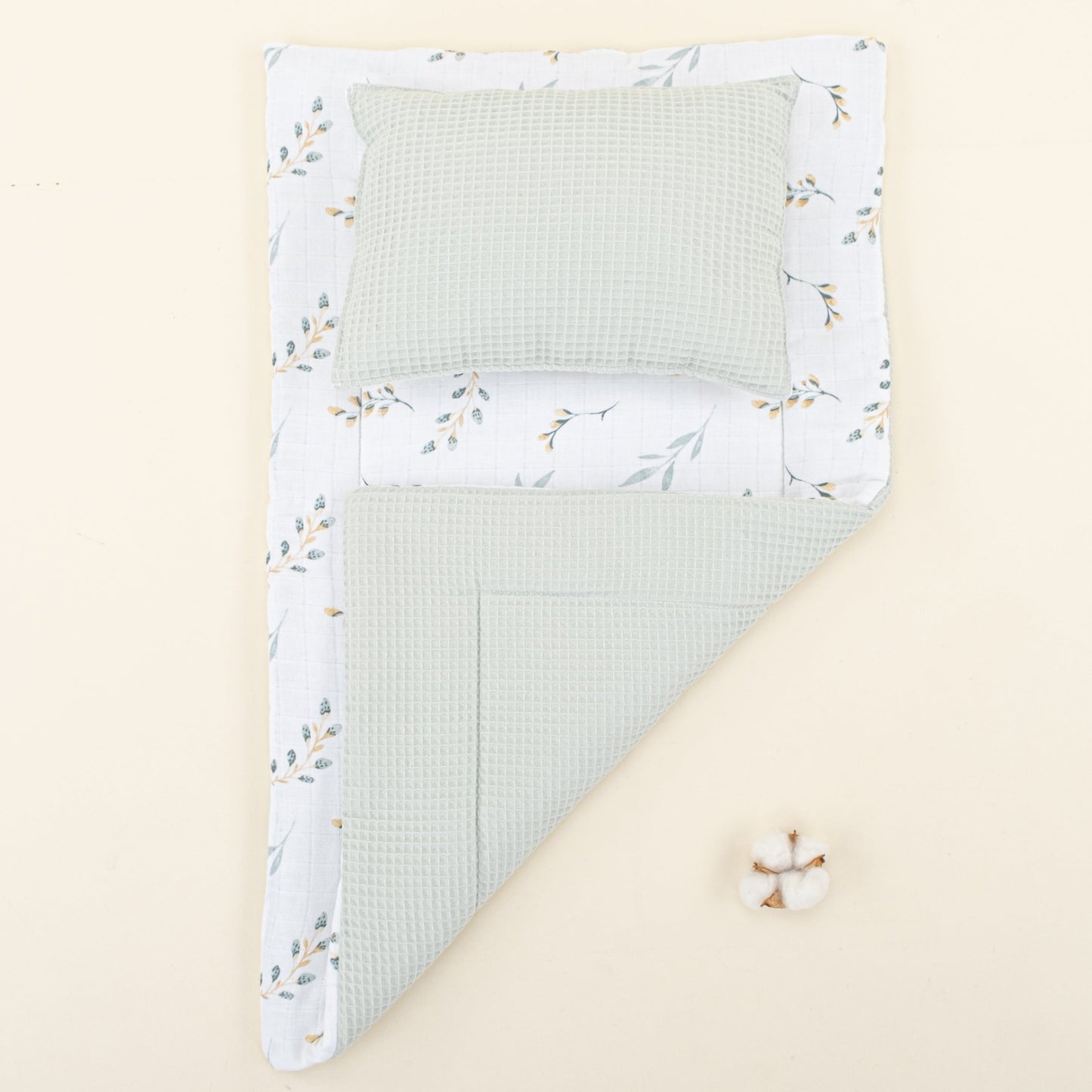 Double Sided Changing Pad and Pillow - Açık Yeşil Petek - Yapraklar