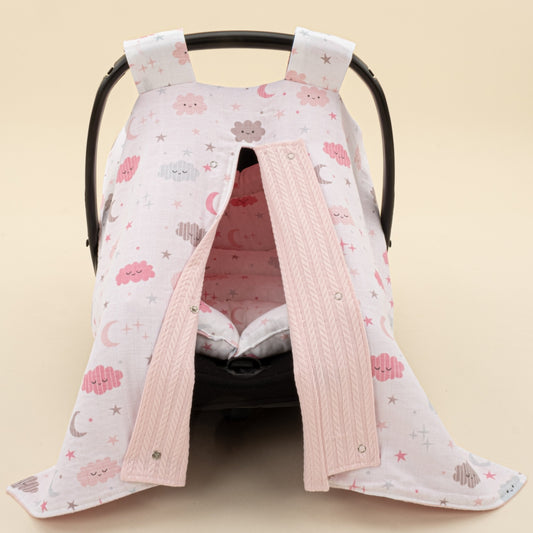 Stroller Cover Set - Double Side - Şeker Pembe Örgü - Pembe Bulut