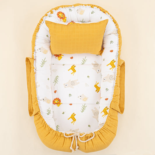 Babynest and Pillow - Çift Taraflı - Hardal Muslin - Aslan