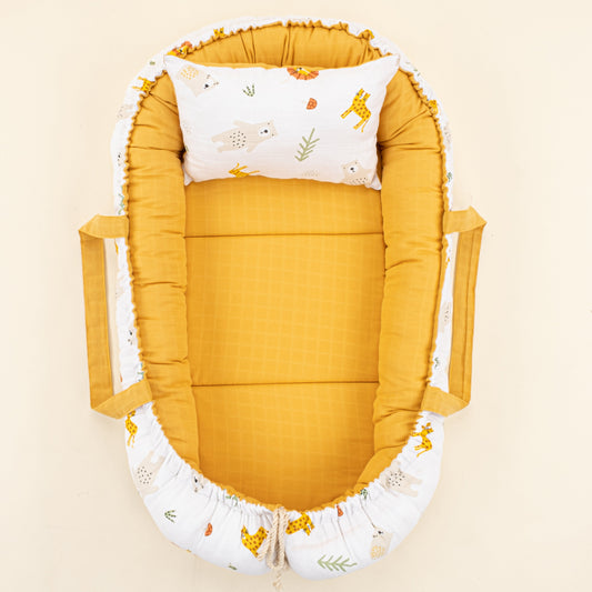 Babynest and Pillow - Çift Taraflı - Hardal Muslin - Aslan